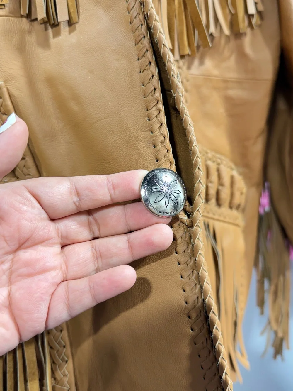 Scully Tan Leather Fringe Jacket with Beaded Shoulder Accents